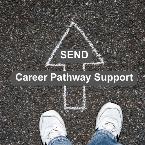 Supporting student transitions to adulthood – visual metaphor of career pathway support with forward arrow and sneakers