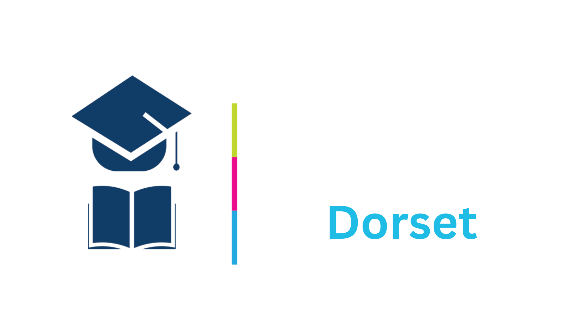 The Growth Academy Dorset. A graduation cap above an open book next to a vertical stick with white, green, pink and blue sections separating the image and text.