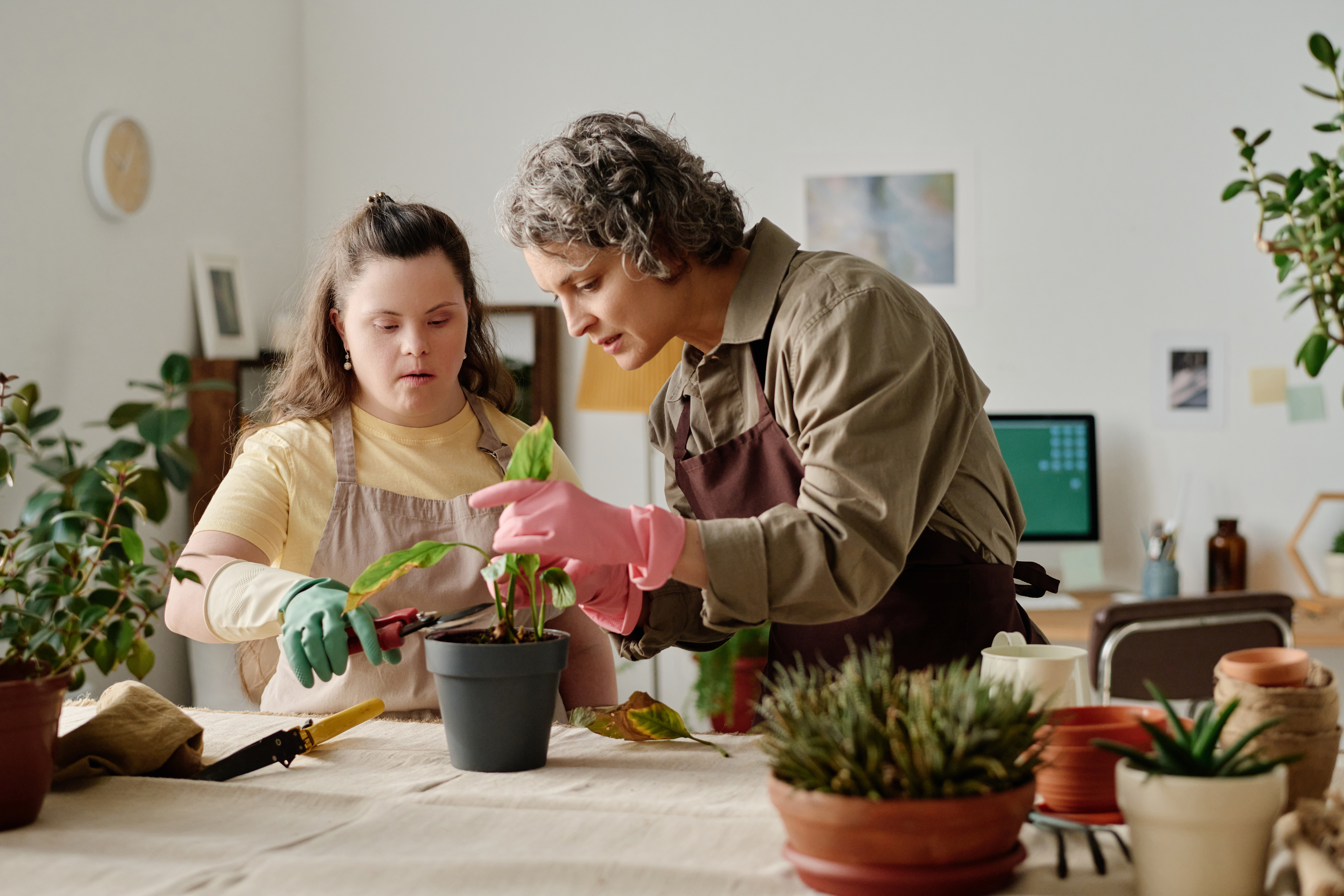 florist transplanting a plant together with a supported intern with down syndrome