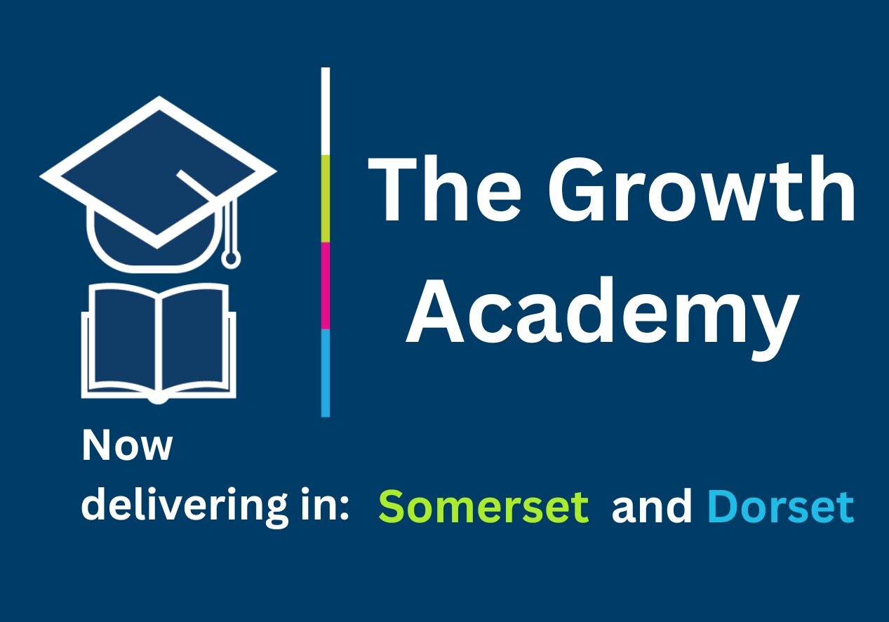 A blue background and a white outline of a mortorboard over the top of an open book next to a multicoloured link and text that says The Growth Academy.